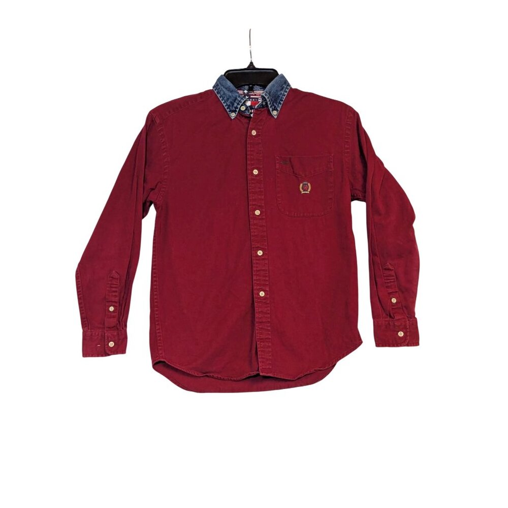 Vintage Tommy Hilfiger Red Button-Up Shirt With Denim Collar Boys M